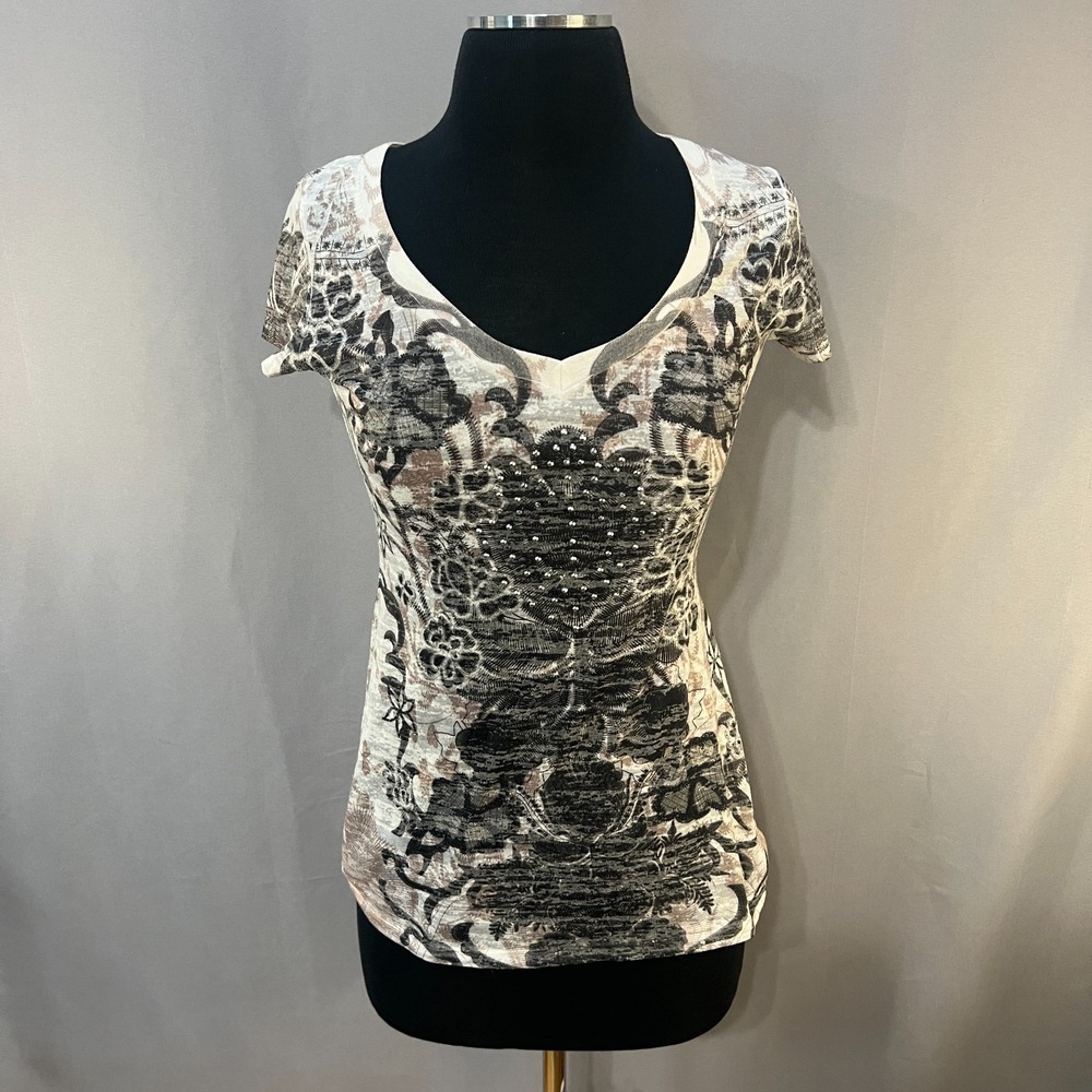 M. Fasis by California Blue Tunic Top Womens Medium Beige Floral Preppy V-Neck